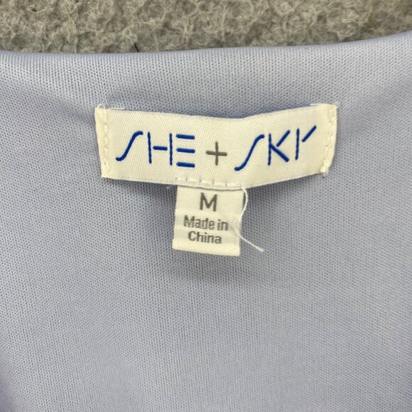 She + Sky Dress Womens Medium Blue Puff Sleeve Ruffle Smocked Cut Out Tie Front - Picture 5 of 11